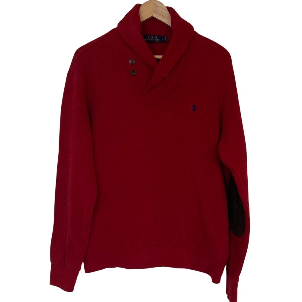 Polo by Ralph Lauren Men's Bold Red Shawl Collar Sweater Size Large Elbow Patch